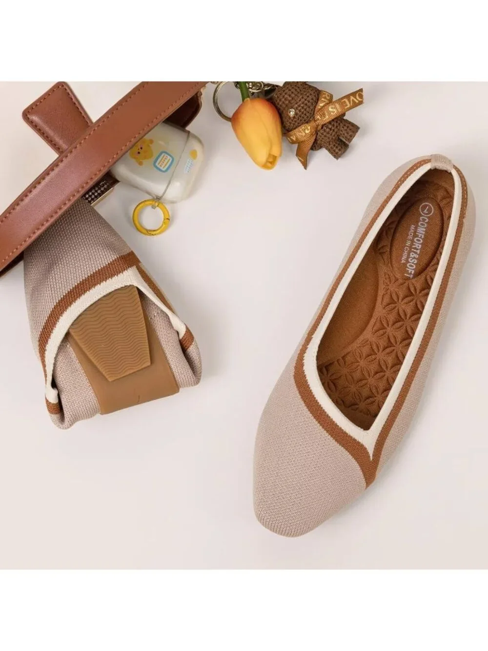 Frank Mully Women's Coconut Rubber Knitted Square Toe Comfortable Slip On Flats